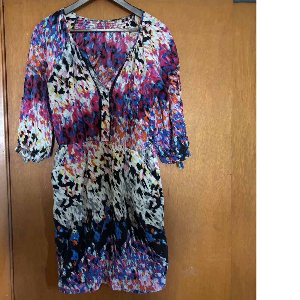Nanette‎ Lepore 100% Silk Abstract Watercolor V-Neck Mini Dress NC1315-I1144